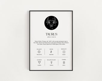 Taurus Zodiac Print, Astrology Wall Art, Horoscope Poster, Black and White Minimalist Print, Taurus Star Sign Wall Art, Taurus Gift Birthday