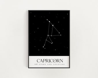 Capricorn Constellation Print, Capricorn Star Map Zodiac Wall Art, Astrology Poster, Black and White Minimalist Print, Horoscope Gift Art