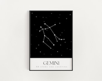 Impresión de la constelación de Géminis, arte mural del mapa estelar del zodíaco de Géminis, póster de astrología, impresión minimalista en blanco y negro, regalo de cumpleaños del horóscopo