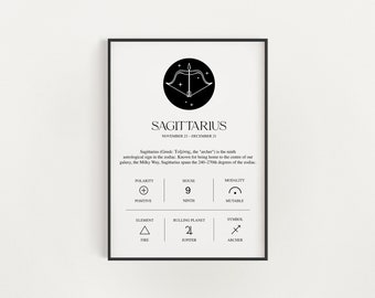 Sagittarius Zodiac Print, Astrology Wall Art, Horoscope Poster, Black and White Minimalist Print, Star Sign Wall Art, Sagittarius Gift