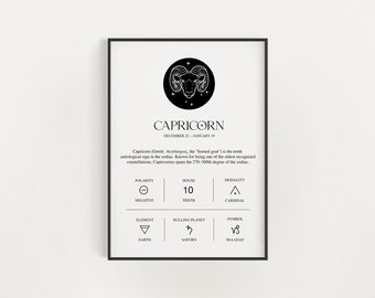 Capricorn Zodiac Print, Astrology Wall Art, Horoscope Poster, Black and White Minimalist Print, Star Sign Wall Art, Capricorn Gift Birthday