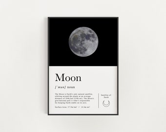 May include: A black and white poster with a definition of the word "Moon". The poster features a close-up image of the moon against a black background. The text includes the pronunciation of the word, a definition, and information about the moon's distance from Earth, its gravitational pull, and its surface area.
