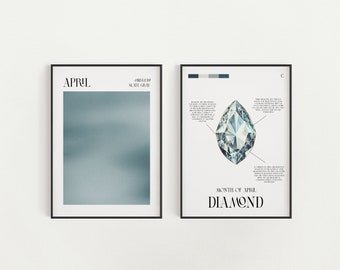 Set of 2 Diamond Birthstone Wall Art, Diamond Gemstone Print, April Diamond Printable Digital Download, Personalized April Birthday Gift Art