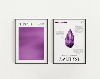 Set of 2 Amethyst Birthstone Wall Art, Amethyst Gemstone Print, Amethyst Printable Digital Download, Personalized February Birthday Gift