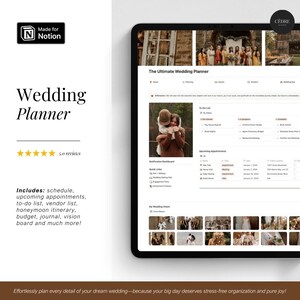 May include: A digital screen displaying a wedding planner template for Notion. The template includes sections for planning, to-do lists, vendor lists, and more. The screen is surrounded by images of a wedding couple and wedding party.