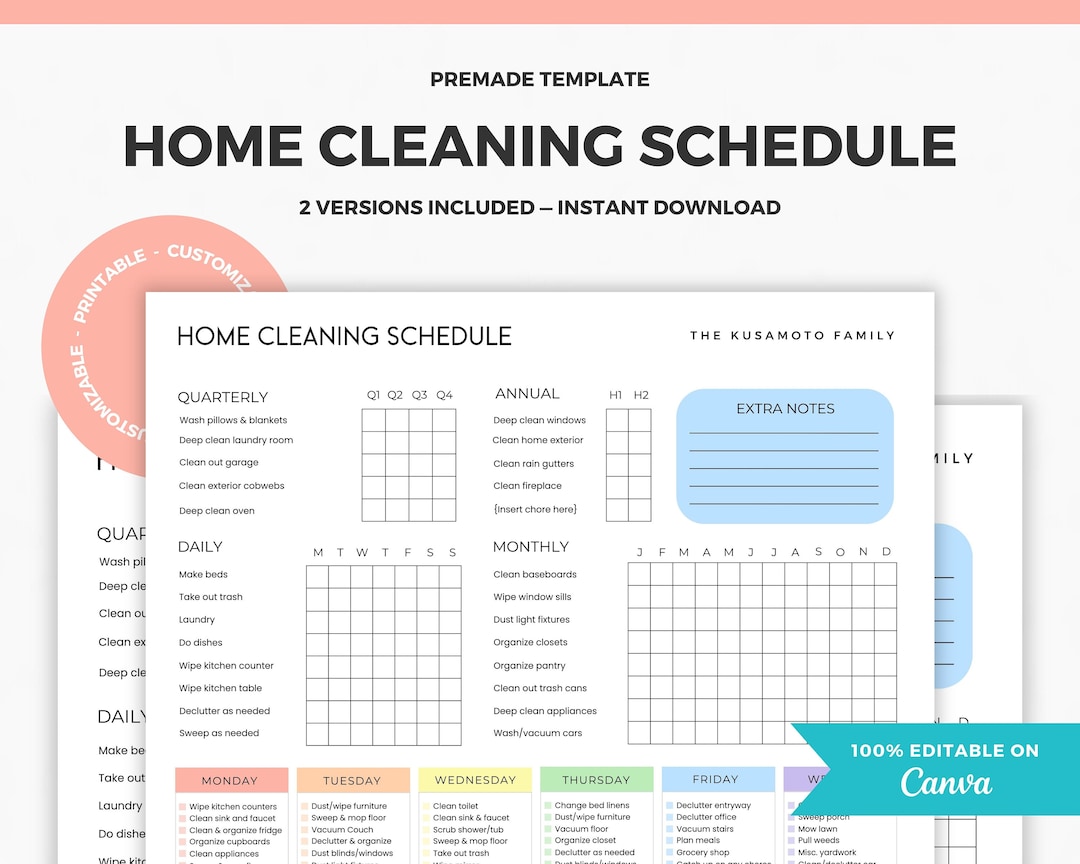 Colorful Home Cleaning Schedule, Editable Cleaning Checklist Printable ...
