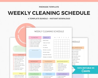 Colorful Weekly Cleaning Schedule, Editable Cleaning Checklist Printable, Monthly Cleaning, Quarterly Cleaning ADHD Cleaning, Canva Template