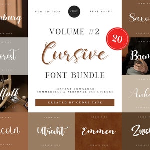 May include: A digital download of 20 cursive fonts in a bundle. The fonts are named Limburg, Dorest, Suffolk, Lincoln, Utrecht, Emmen, Zwolle, Saxony, Bremen, and Anhalt. The bundle is called "Volume #2 Cursive Font Bundle".