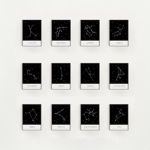 Set of 12 Zodiac Constellation Prints, Celestial Horoscope Print, Zodiac Printable, Minimalist Zodiac Poster, Constellation Stars Map Print