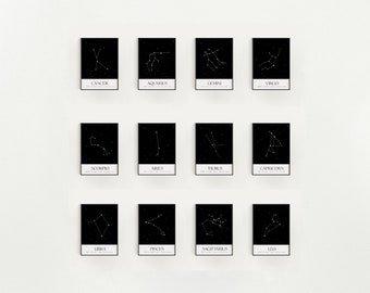 Conjunto de 12 impressões de constelações do zodíaco, impressão de horóscopo celestial, impressão do zodíaco, pôster minimalista do zodíaco, impressão de mapa de estrelas da constelação