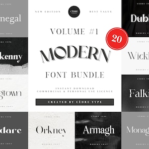 Puede incluir: Una colección de 20 fuentes modernas en un paquete. Las fuentes se muestran en blanco y negro sobre una variedad de fondos. El título del paquete es "Volume #1 Modern Font Bundle".