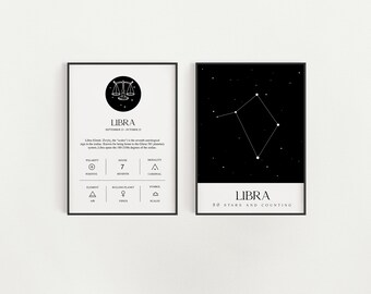 Könnte beinhalten: Zwei schwarz-weiße druckbare Poster mit dem Sternzeichen Waage. Das erste Poster zeigt ein Waage-Symbol und Text, der die Eigenschaften des Zeichens beschreibt. Das zweite Poster zeigt die Waage-Konstellation mit dem Text "Waage 80 Sterne und mehr".