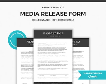 May include: A black and white printable media release form template with the text "Photo & Video Release Form" in a white box. The form is 100% customizable and editable on Canva.