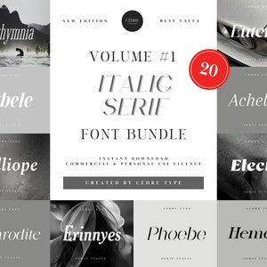 May include: A digital download of 20 italic serif fonts in a bundle. The fonts are displayed in a grid with a grey background and white text. The text "VOLUME #1 ITALIC SERIF FONT BUNDLE" is displayed in the centre of the image. The text "20" is displayed in a red circle in the top right corner of the image.