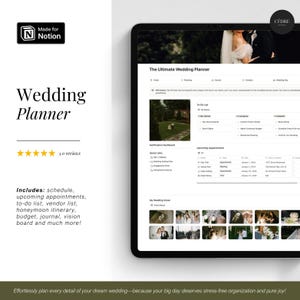 Puede incluir: Una captura de pantalla de una plantilla de planificador de bodas de Notion en una tableta. La plantilla incluye secciones para la planificación, listas de tareas, información del proveedor y un tablero de visión. El texto "The Ultimate Wedding Planner" se muestra en la parte superior de la pantalla.