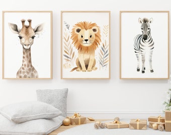 Set of 3 Safari Friends Neutral | Safari Nursery Prints | Safari Nursery | Lion Zebra Giraffe | Nursery Wall Art | Unframed Prints