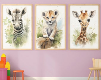 Set of 3 Safari Nursery Prints | Safari Friends Neutral | Safari Nursery | Lion Zebra Giraffe | Nursery Wall Art | Unframed Prints