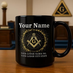 Custom Masonic Black Coffee Mug 15oz -Personalized Freemason Image