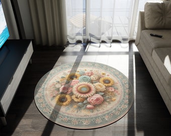 Puede incluir: Una alfombra redonda con un diseño floral, que presenta girasoles, rosas y otras flores en tonos pastel. La alfombra tiene un borde verde claro con un patrón floral y está colocada sobre un suelo de madera oscura.