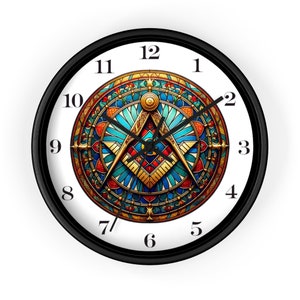 Stained Glass Effect Art Masonic Wall Clock - 10&quot; Silent Timepiece
