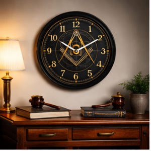 May include: A black wall clock with gold accents, featuring a Masonic symbol in the center. The clock has a round face with Roman numerals and is hanging above a wooden desk with books and a gavel.