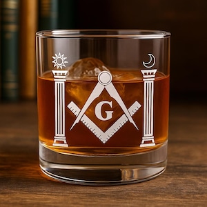 Custom Masonic Whiskey Glass with Engraved Compass, Lodge Info & Acacia Symbol 10.5oz Freemason Gift