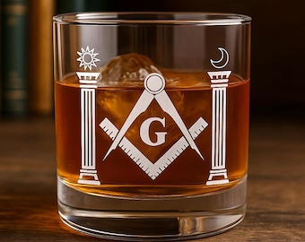 Custom Masonic Whiskey Glass with Engraved Compass, Lodge Info & Acacia Symbol 10.5oz Freemason Gift