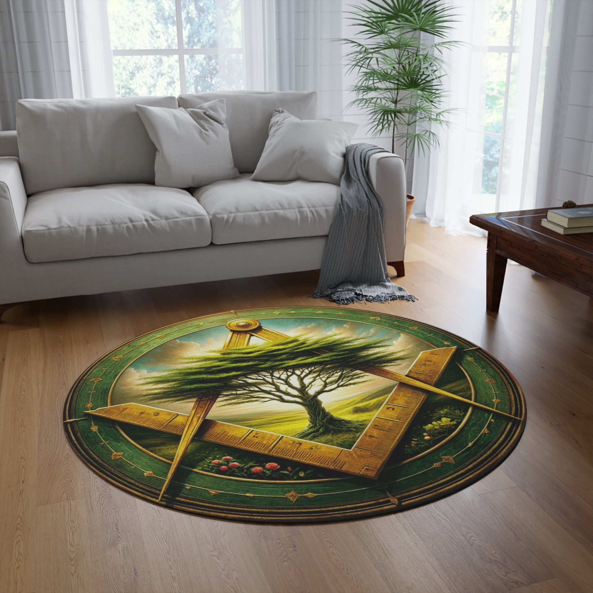 Mystical Masonic Compass Round Area Rug - Enigmatic Lodge Decor - Etsy