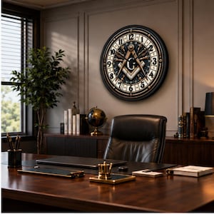 Puede incluir: Un reloj de pared circular con marco negro y esfera color crema con números negros. El centro muestra un símbolo dorado de escuadra y compás con una letra G, rodeado de herramientas metálicas intrincadas y detalles decorativos.