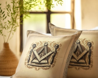 Masonic Pillow with Square and Compass - Traditional Freemason Decor on Beige Silk-Like background - Available in Multiple Sizes