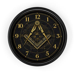 Reloj de pared masónico con escuadra y compás / Reloj negro de 25 cm (10 pulgadas)