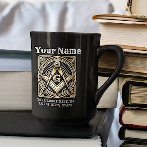 Customizable Masonic Emblem Mug - 15 oz Personalized Freemason Black Coffee Cup