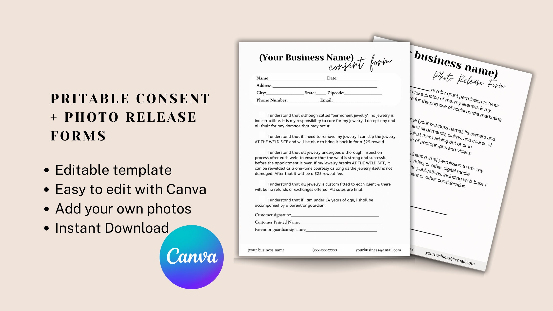 Permanent Jewelry Consent Forms Waiver Permanent Jewelry Etsy