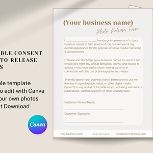Pu&ograve; includere: Moduli di consenso e rilascio fotografico stampabili in uno schema di colori bianco e marrone chiaro. I moduli sono modificabili e possono essere modificati con Canva. I moduli includono un modulo di rilascio fotografico e un modulo di consenso.