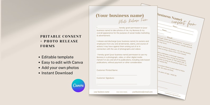 Pu&ograve; includere: Moduli di consenso e rilascio fotografico stampabili in uno schema di colori bianco e marrone chiaro. I moduli sono modificabili e possono essere modificati con Canva. I moduli includono un modulo di rilascio fotografico e un modulo di consenso.