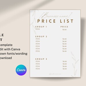 Pu&ograve; includere: Modello di listino prezzi stampabile per un'azienda. Il modello &egrave; modificabile e pu&ograve; essere personalizzato con i tuoi font e la tua formulazione. Il modello presenta un design semplice con sfondo bianco e testo dorato. Il modello &egrave; diviso in tre sezioni: Gruppo 1, Gruppo 2 e Gruppo 3. Ogni sezione elenca gli articoli e i relativi prezzi.