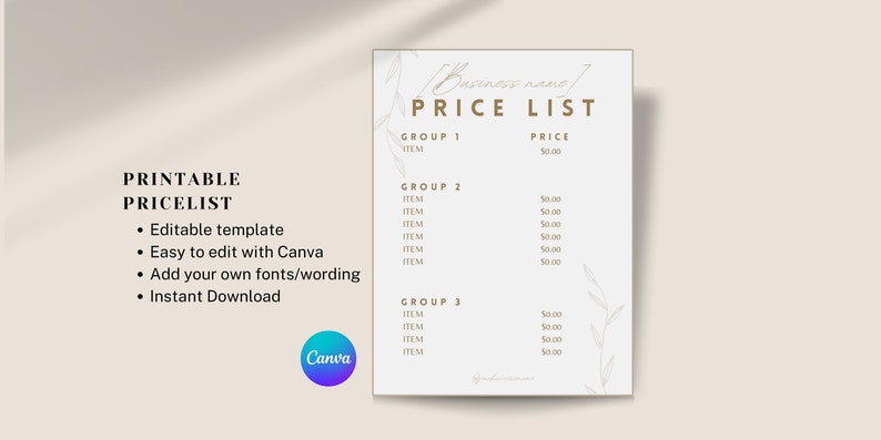Pu&ograve; includere: Modello di listino prezzi stampabile per un'azienda. Il modello &egrave; modificabile e pu&ograve; essere personalizzato con i tuoi font e la tua formulazione. Il modello presenta un design semplice con sfondo bianco e testo dorato. Il modello &egrave; diviso in tre sezioni: Gruppo 1, Gruppo 2 e Gruppo 3. Ogni sezione elenca gli articoli e i relativi prezzi.