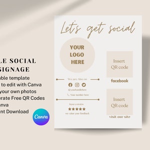 Pu&ograve; includere: Modello di segnaletica per social media stampabile con sfondo beige e testo dorato. Il modello include spazio per un logo, icone di social media, codici QR e un indirizzo del sito web. Il testo "Let's get social" &egrave; in cima al modello.