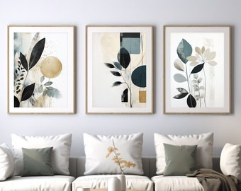 Set of 3 black and Teal Abstract, Japandi Floral style wall prints  | Home Art | Instant PRINTABLE | DIGITAL DOWNLOAD