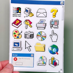 Feuille d'autocollants icônes Windows Pixel rétro | Esthétique informatique des années 90 pour l'an 2000 | Stickers PC nostalgie vintage | Cadeau pour geek technologique | Stickers jeux vidéo