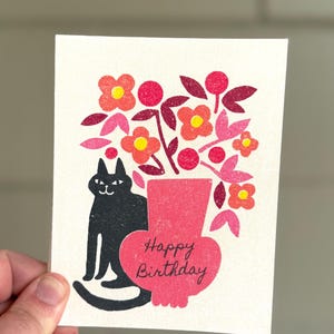 Cartão de feliz aniversário para gato, gato preto, presentes de aniversário para amantes de gatos, flores e plantas botânicas rosa, design de cartão exclusivo para presente para ela
