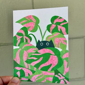 Whimsical Black Cat Jungle Greeting Card | Monstera Leaf Design