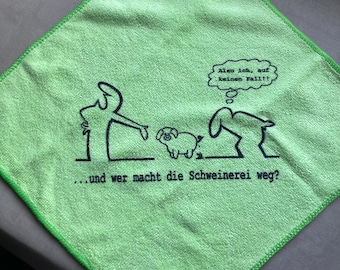 Bedruckte Mikrofaser  Putzlappen,  Abwaschlappen, Reinigungstuch in verschiedenen Farben und verschieden Sprüche Texten, ca 30 × 30 cm.