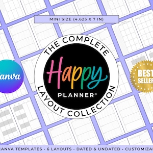 Puede incluir: Una colección de diseños de planificador con el texto "The Complete Happy Planner Layout Collection". La imagen incluye el texto "Mini Size (11,7 cm x 17,8 cm)" y "Best Seller". La imagen también incluye el texto "13 plantillas Canva, 6 diseños, con y sin fecha, personalizable".