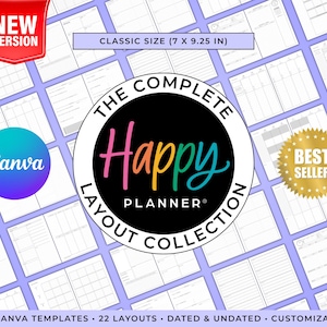 May include: A planner layout collection with the text "The Complete Happy Planner Layout Collection." The planner is classic size (7 x 9.25 in). Includes 42 Canva templates, 22 layouts, and is dated, undated, and customizable. A "Best Seller" badge is visible.