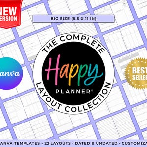 Puede incluir: Una colección de diseños de planificador con el texto "The Complete Happy Planner Layout Collection". La imagen incluye el texto "Big Size (21,6 x 27,9 cm)", "New Version", "Best Seller" y "Canva". La imagen también incluye el texto "42 Canva Templates • 22 Layouts • Dated & Undated • Customizable".