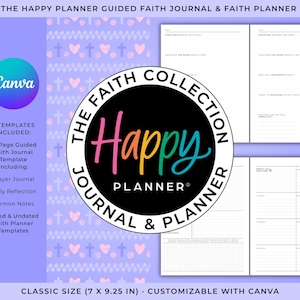 Peut inclure: Un agenda de foi violet et blanc avec le texte "The Happy Planner Guided Faith Journal & Faith Planner". L'agenda comprend des modèles pour la prière, la réflexion quotidienne et les notes de sermon. Il mesure 17,78 x 23,5 cm et est personnalisable avec Canva.