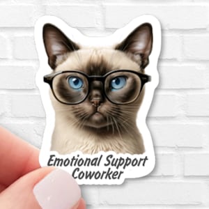 May include: A sticker featuring a Siamese cat wearing black-rimmed glasses. The cat has blue eyes and a serious expression. The text "Emotional Support Coworker" is printed below the cat's image. The sticker is held by a person.