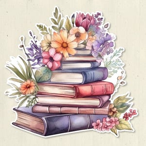 May include: A sticker featuring a stack of five hardcover books in shades of blue, red, and brown, topped with a vibrant watercolor arrangement of various flowers and green foliage including orange, pink, and purple blossoms.