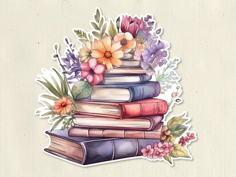 May include: A sticker featuring a stack of five hardcover books in shades of blue, red, and brown, topped with a vibrant watercolor arrangement of various flowers and green foliage including orange, pink, and purple blossoms.